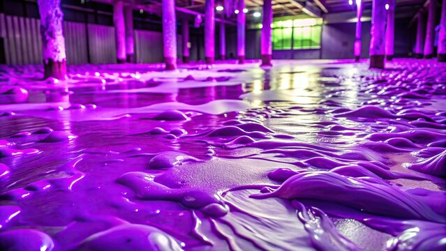 a vast expanse of violet slime spread across the ground, ecological disaster, polluted terrain, acid rain, chemically altered landscape, toxic runoff