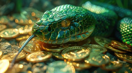 Fototapeta premium Green snake surrounded by gold coins