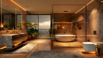Modern Sleek Bathroom with Elegant Fixtures and Lighting