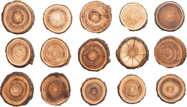 Cross sections of tree trunks on transparent background, natural texture study concept