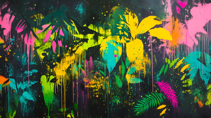 Fototapeta premium A vibrant, abstract artwork featuring splashes of neon colors and tropical foliage against a dark background.