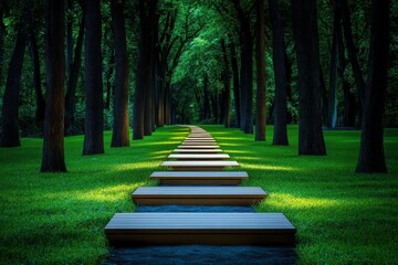 Obraz premium Dimly lit forest path at night, with moonlight filtering through the trees and shadows covering the ground, capturing the mysterious and serene beauty of darkness in nature, symbolizing solitude