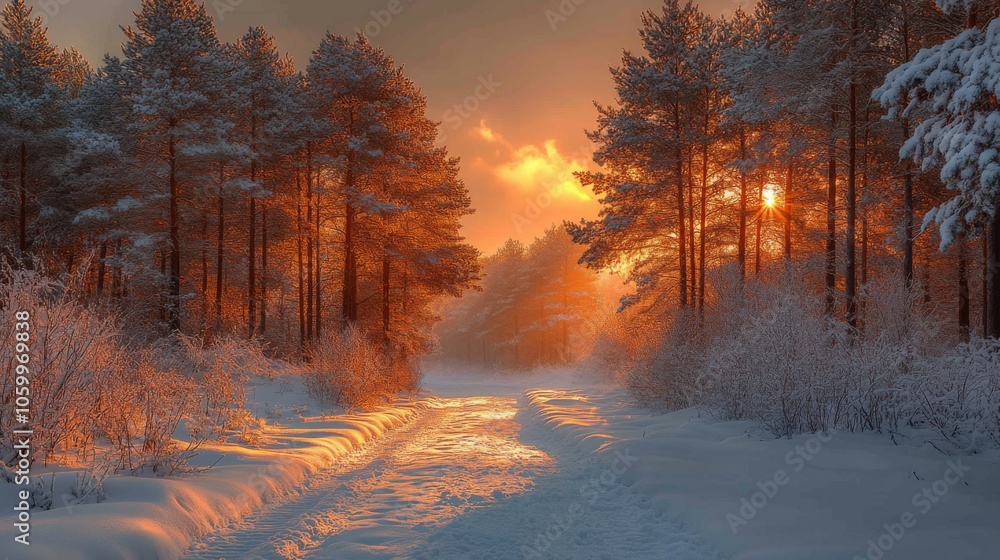 Poster A tranquil winter landscape features a forest path blanketed in snow. The setting sun casts warm light through the trees, creating an enchanting atmosphere.