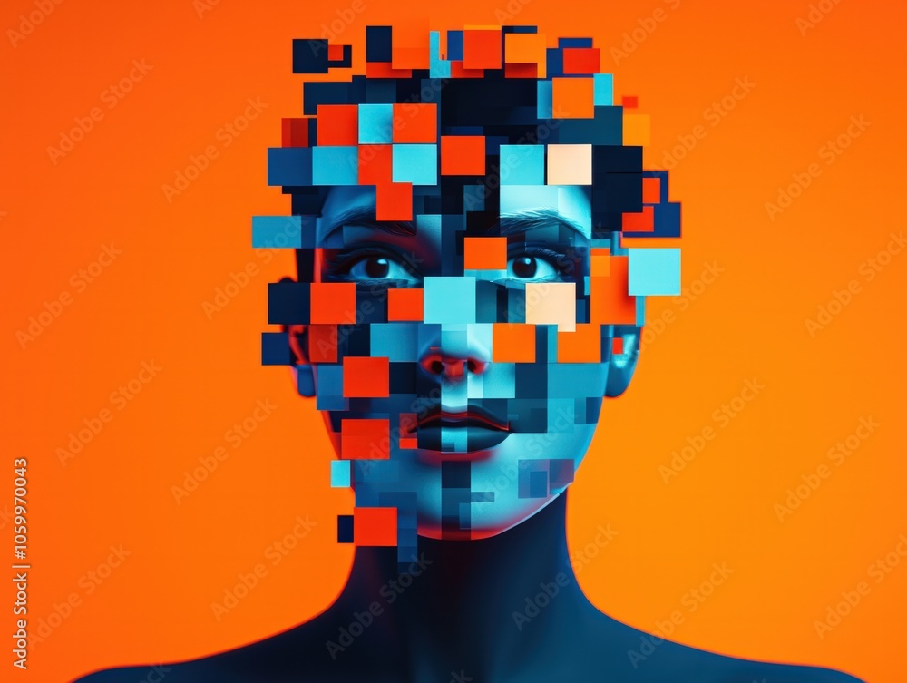 Poster exploring the intersection of identity and technology through abstract digital portraiture