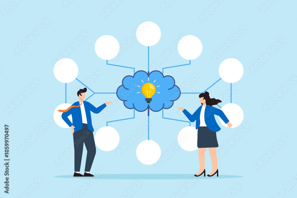 Poster flat illustration of two business people present mind map diagram and lightbulb thinking solution re