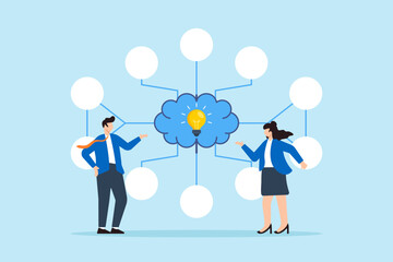 Flat illustration of two business people present mind map diagram and lightbulb thinking solution research plan visualizing idea easy problem solving and decision making