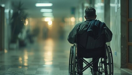 Obraz premium Elderly Man in Wheelchair Navigating Hospital Corridor Under Dim Lighting