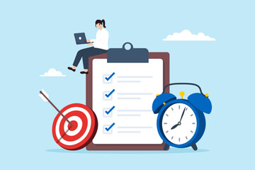 Flat illustration of productive businesswoman work on laptop with clipboard checklist alarm clock and bullseye target focusing project or time management