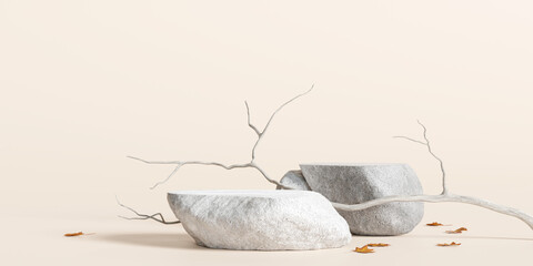 Stone podium product display. Falling dry leaves on brown background. 3d rendering