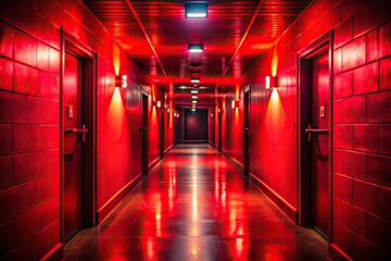 Fototapeta premium Mysterious dimly lit hallway with red light from a low angle