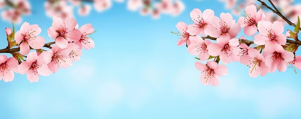 Fototapeta premium Soft pink cherry blossoms filling the frame with a blurred blue sky and branches, creating a delicate, pastel-inspired scene that embodies the grace of spring