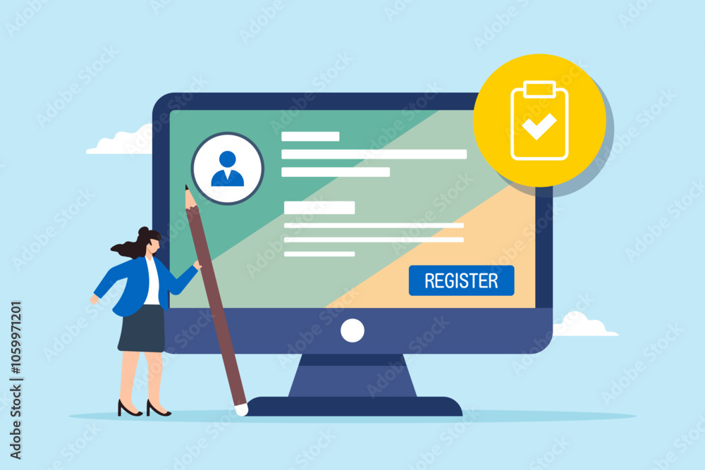 Poster flat illustration of businesswoman hold pencil complete online registration form on computer screen 
