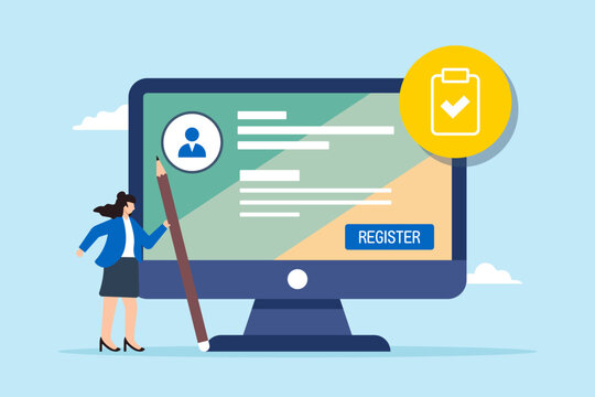 Flat illustration of businesswoman hold pencil complete online registration form on computer screen register new user account creation job application submission sign up information apply membership