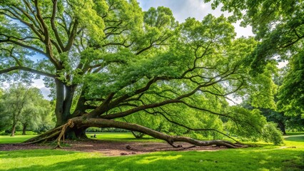 photo of a large green leafed tree with a cracked broken limb resting on the ground