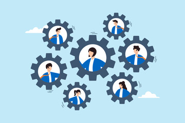 Fototapeta premium Flat illustration of business people on rotate connected cogwheel gear teamwork job role skill driving company success collaboration organization team