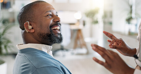 Black man, happy and hearing aid with gratitude, medical support and care with implant for sound...
