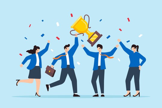 Flat illustration of joyful leader holding winning trophy and colleague team celebrate business success or victory with confetti career award work achievement