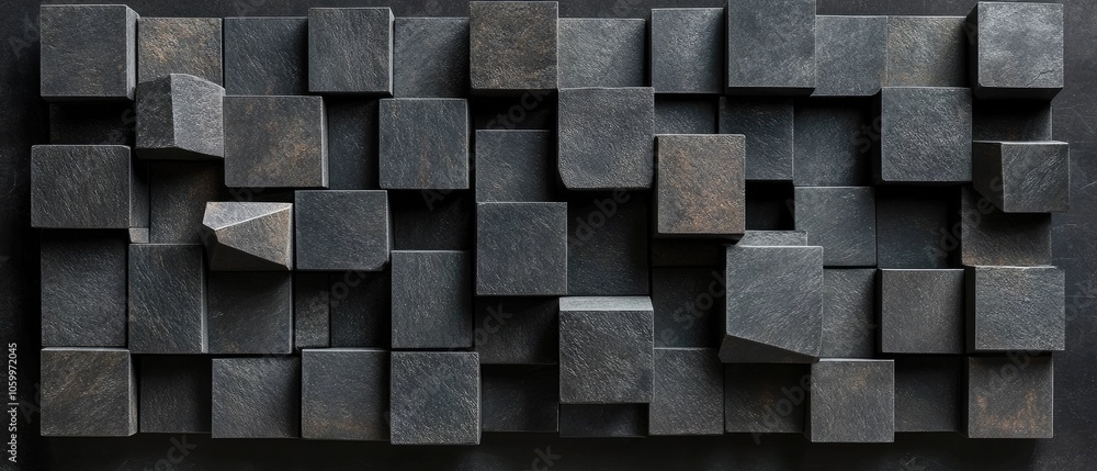 Poster abstract geometric pattern of dark grey and black cubes arranged in a random, asymmetrical order on 