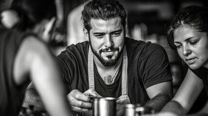A barista in Bogota demonstrating how to make traditional Colombian coffee, surrounded by eager learners.