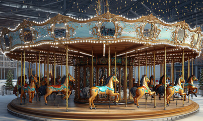Fototapeta premium Vintage Style Christmas Musical Carousel with Mirror Mosaics on White Background