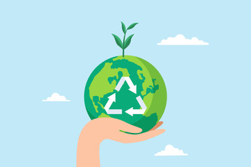 Flat illustration of hand hold green earth globe with recycle symbol sustainability renewable energy effort save world climate change global warming environmental safe