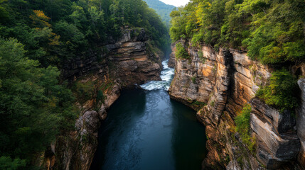 A beautiful view of Tallulah Gorge, with its dramatic cliffs and rushing river below, in the...