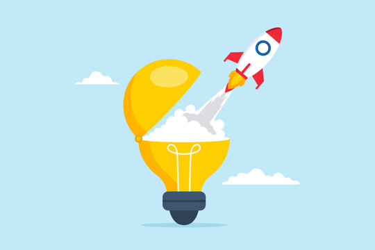 Flat illustration of rocket launch from opening lightbulb breakthrough new idea entrepreneurship success innovation startup creativity begin business