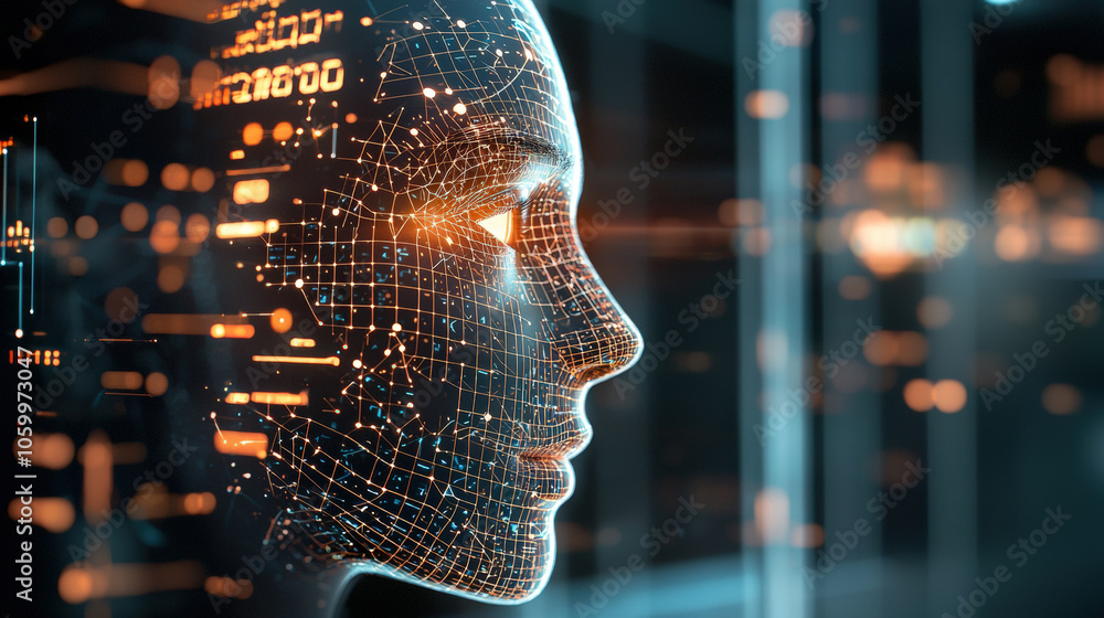 Poster a digital visualization of a human-like face made of data points, reflecting themes of technology, a