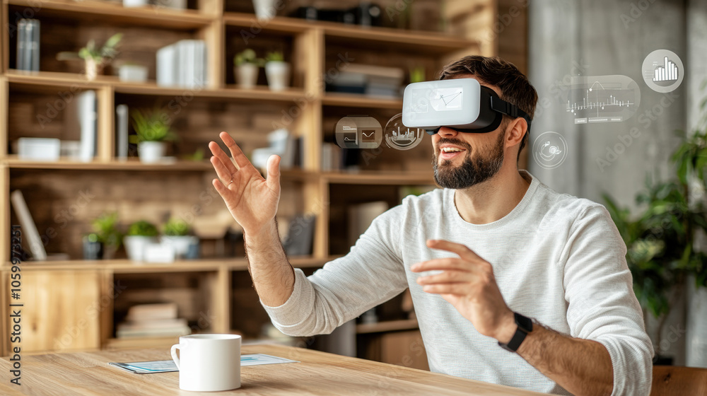 Poster a man wears a vr headset and interacts with a virtual environment, seated at a wooden table with a c