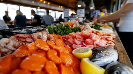 A bustling fish market in Bergen, with fresh seafood on display, including salmon, crab, and shrimp.