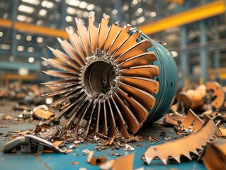Damaged aircraft engine parts on factory floor