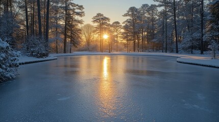 A tranquil frozen lake reflects the golden hues of a winter sunrise, surrounded by tall trees blanketed in fresh snow. The atmosphere is peaceful and crisp, welcoming the new day.