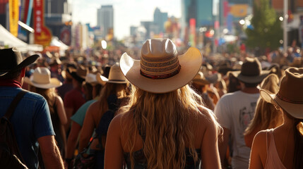A bustling street scene during the Calgary Stampede, with people in cowboy hats, horses, and rodeo events.