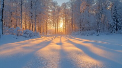 Obraz premium A serene winter landscape showcases a forest at dawn, where sunlight breaks through the trees, casting long shadows on the pristine snow.