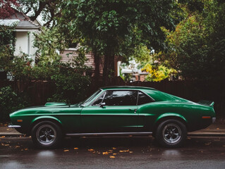 Fototapeta premium A green car is parked on a street.