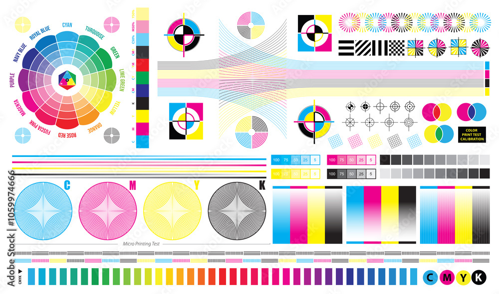 Poster set illustration of cmyk print test calibration chart for ctp printing, with micro printing test.