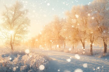 Winter Wonderland: Snow-Covered Trees Sparkling Under Sunrise Glow, Enchanting Scene for Scrapbooking & Digital Illustrations