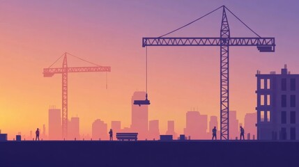 Fototapeta premium Construction site with cranes and silhouettes of workers. Vector illustration.