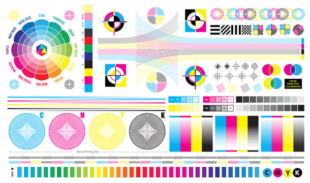 Set illustration of CMYK Print Test Calibration Chart for CTP Printing, with micro printing test. 