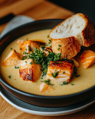 A close-up of a bowl of Norwegian fish soup, served with fresh bread, highlighting the country rich seafood traditions.