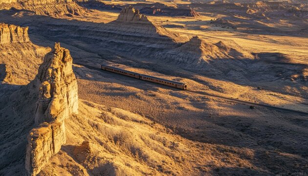 A train travels through a vast desert landscape, with towering rock formations in the background. - Powered by Adobe