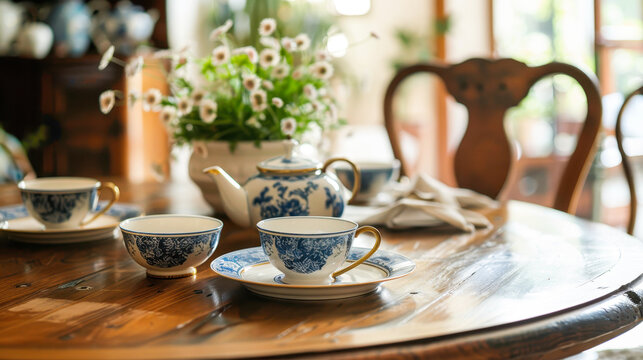 Elegant tea set on rustic wooden table with floral centerpiece in sunlit room