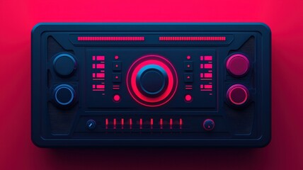 A sleek audio mixer with vibrant red and blue lighting, featuring knobs and buttons for sound control.