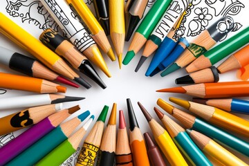 Fototapeta premium a 2D cartoon illustration of a school desk filled with crayons and a drawing book creative and ready white background