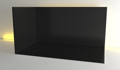 3D exhibition booth. Showroom. Square corner. Empty geometric square. Blank box template. Black blank exhibition stand. Presentation event room.