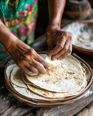 Fototapeta premium A close-up of a Costa Rican family preparing tortillas by hand, using traditional methods.