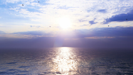 Fototapeta premium Amazing sea landscape. Dramatic sea sunset. Burning sky and shining golden waves. Summer sunset seascape. Atlantic ocean beach sunsets. Seascape background. Tourism, travel, holdiay, summer concept.