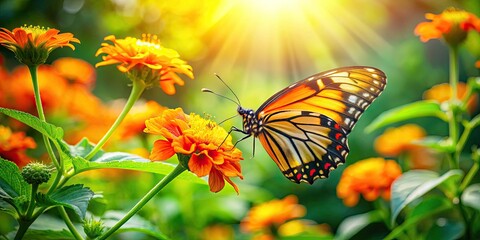 Obraz premium Yellow Butterfly Pollinating Vibrant Orange Flower in Lush Garden Setting - Nature's Beauty in Candid Photography