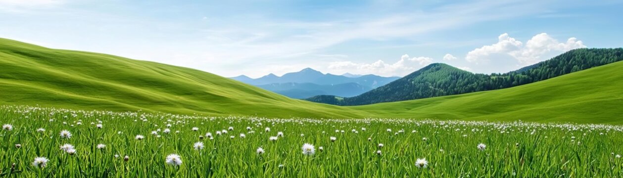 Vibrant green meadow with blooming flowers under a clear blue sky and majestic mountains in the background, showcasing nature's beauty and tranquility.