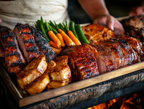 A close-up of a hangi feast, featuring smoked meat, vegetables, and traditional Maori bread.